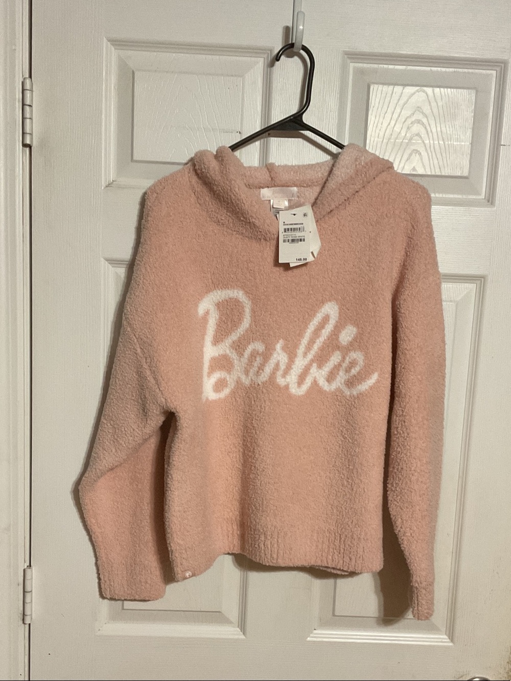 Barbie Pink Plush Hooded Sweater with White Script nwt size medium misses